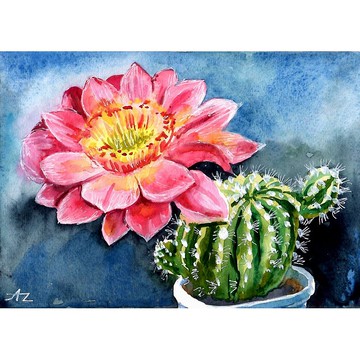仙人掌繪畫花卉原創藝術開花植物水彩花卉藝術