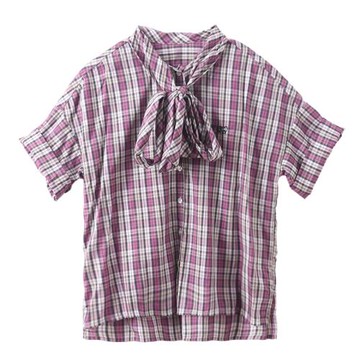 諾諾E站 2025夏季新品 女士復古寬松百搭氣質格子短袖襯衣