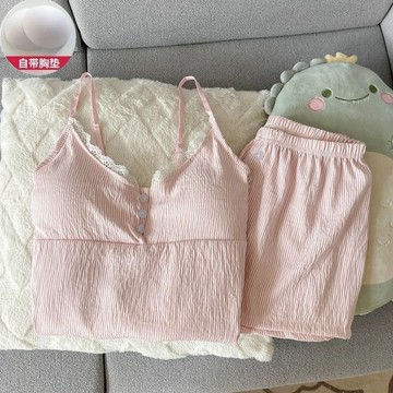 夏季新款性感吊帶背心睡衣 帶胸墊睡衣 女居家服 雲朵棉睡衣 可愛家居服兩件套 罩杯睡衣 吊帶睡衣 免穿內衣