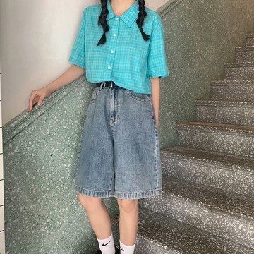 復古ins韓版牛仔短褲女夏季新款高腰顯瘦學生直筒闊腿五分褲中褲