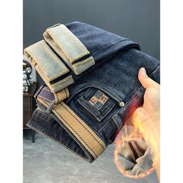 冬季男士牛仔褲2024春冬款加絨加厚抓毛絨磨毛修身小腳休閑長褲子