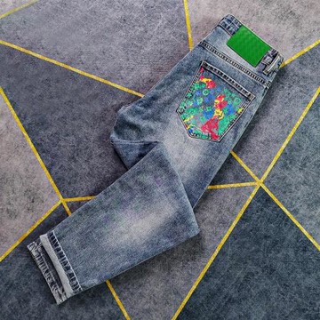 歐洲站男褲高端牛仔褲時尚潮流個性涂鴉印花微哈倫九分彈力長褲子