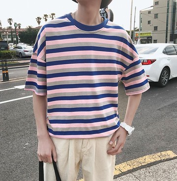 FINDSENSE H1 2018 夏季 新款 男 清新 條紋 情侶 寬鬆 五分袖 T恤 短袖 學生 潮上衣