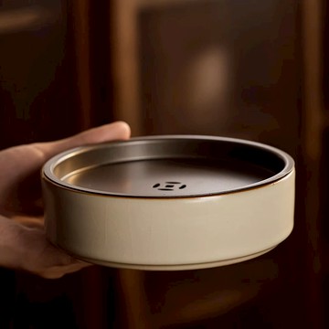 米黃汝窯壺承干泡臺高檔功夫茶具家用紫砂壺托陶瓷日式茶盤儲水式J-23公司貨