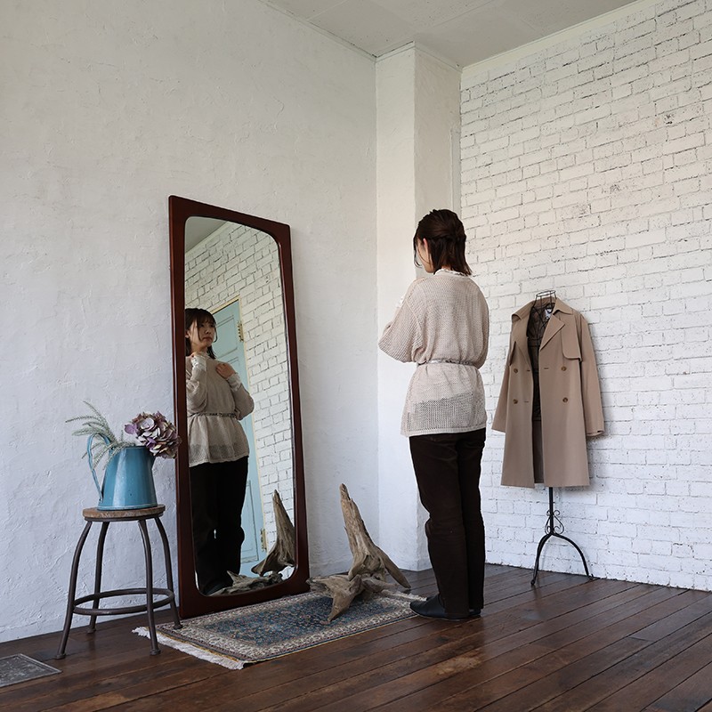 ミッドセンチュリー パイン材 木製 壁掛け鏡 ウォールミラー 姿見