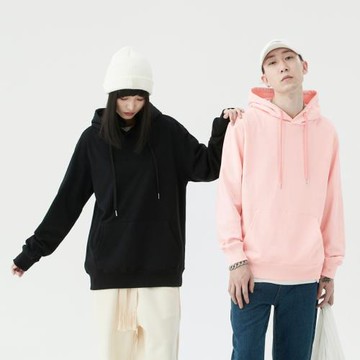 【小白家】秋季300g重磅純棉連帽套頭衛衣男女寬松淺粉帽衫