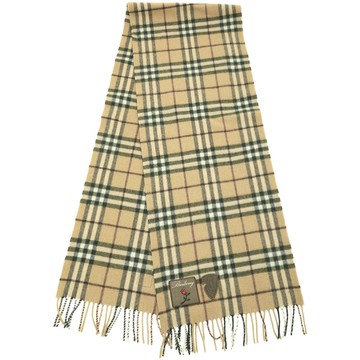 BURBERRY 巴寶莉 100%喀什米爾 卡其色格紋玫瑰刺繡布標羊絨流蘇圍巾(168x30CM)
