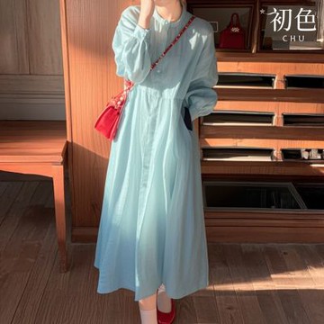 初色 法式宮廷風純色圓領單排釦高腰長袖中長裙連衣裙連身洋裝長裙-藍色-15255(M-XL可選)