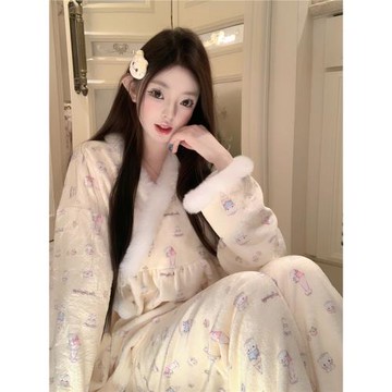 撈撈醬「奶黃喵喵」法蘭絨加厚加絨睡衣女2025新款秋冬季家居服