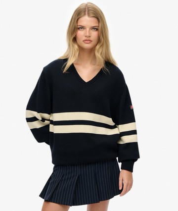 Superdry Women's Oversized Striped V-neck Jumper Navy Size: 10