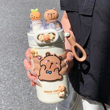 【臺灣-出貨】卡皮巴拉雙飲保溫杯女生高顏值可愛吸管杯子2025新款兒童便攜水壺AWR12