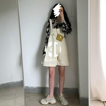 減齡杏色牛仔吊帶褲韓版寬鬆連身褲短褲【聚物優品】