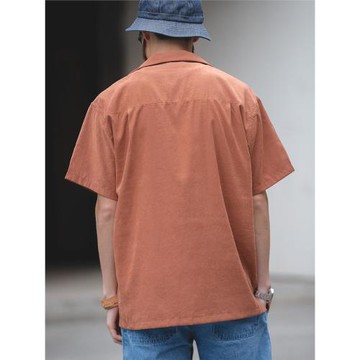 馬登工裝法式復古短袖襯衫桃皮絨美式寬松阿美咔嘰襯衣古巴領男夏