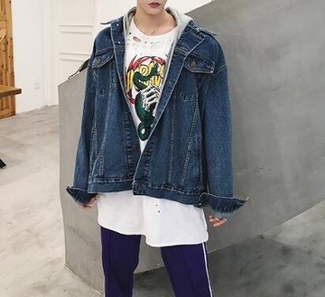 FINDSENSE Z1 韓國 時尚 潮 男 寬鬆 藍色 連帽 牛仔外套 夾克 上衣