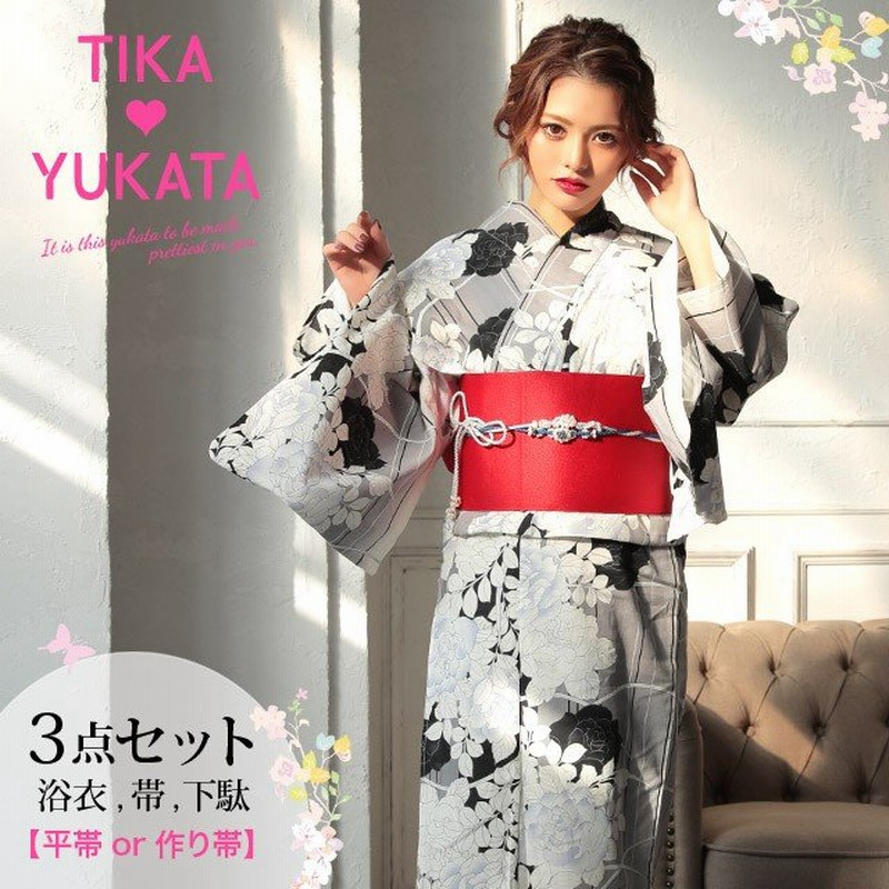 浴衣 レディース 代 30代 40代 浴衣セット 安い 3点セット 平帯 作り帯 下駄 花柄 グレー 薔薇 モノクロ 大きいサイズ 通販 Lineポイント最大0 5 Get Lineショッピング