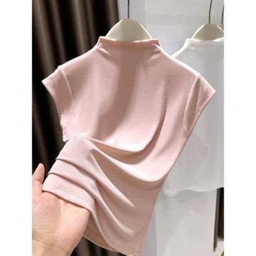 甜美萊賽爾穿搭粉色冰絲羅紋針織短袖T恤女夏季半高領修身打底衫