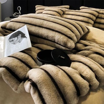 高端秋冬加厚兔毛絨四件套輕奢條紋保暖牛奶絨被套1.8米床上用品