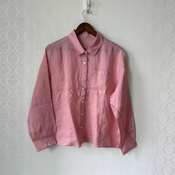 【100%苧麻襯衫】新款舒服透氣粉色苧麻長袖襯衫女防曬寬松Polo領鑫弘-素時衣櫥