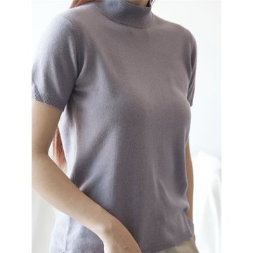 APCSHOP 春季羊絨女裝上衣套頭半高領通勤簡約中薄款短袖針織衫女