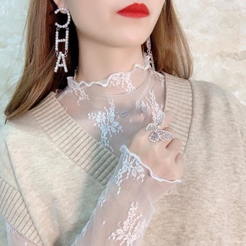 蕾絲長袖薄紗打底衫顯瘦透明透視波點網紗上衣女內搭【淘夢屋】