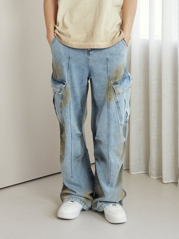 潮流側口袋刷色寬鬆長褲