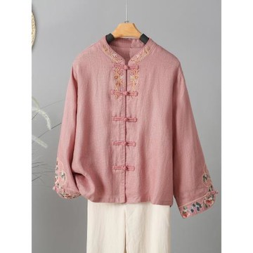 中式復古刺繡棉麻襯衫女春季民族風對襟盤扣改良唐裝亞麻立領襯衣