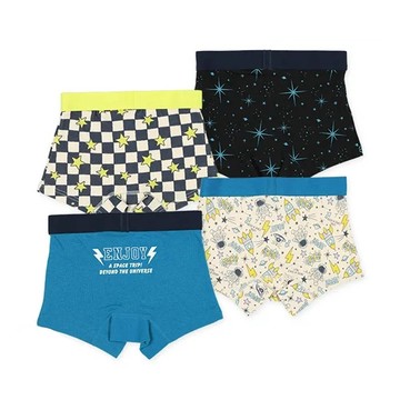 日本西松屋 - 混棉男孩四角內褲(4件組)-格子星星火箭