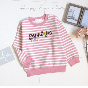 質感毛線花朵粉嫩條紋長袖上衣 秋冬童裝 女童上衣 女童長袖 女童棉T 女童T恤 長袖上衣 秋冬衣
