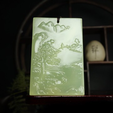 新疆和田玉牌子 白玉山水風景玉牌大好河山玉墜掛件吊墜男女款