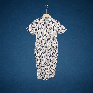 二手 福利品 米卡其 紫藍色 葉形花紋 古董 短袖 旗袍 CA1125