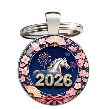 🔥臺灣出🔥跨境熱銷2026馬年圖案系列圓形玻璃吊墜汽車掛件2D平面裝飾鑰匙扣