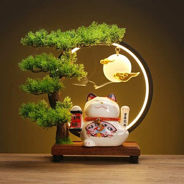 新中式創意禮品家居喬遷開業送禮小號搖手招財貓燈圈招財擺件店鋪