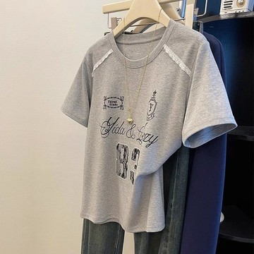 【美式復古內搭】灰色蕾絲短袖T恤女 夏季新款 休閒寬鬆打底衫 chic上衣 T恤 韓版上衣 ins風 短袖T恤 個性上衣