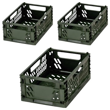 Sanada Seiko 日本製 可摺疊收納籃  3個  22.3 x 14.8 x 9.3cm  橄欖綠