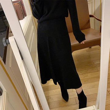 南瓜谷 香頌半裙~羊毛針織黑色魚尾半身裙女秋冬法式高腰 Q0328