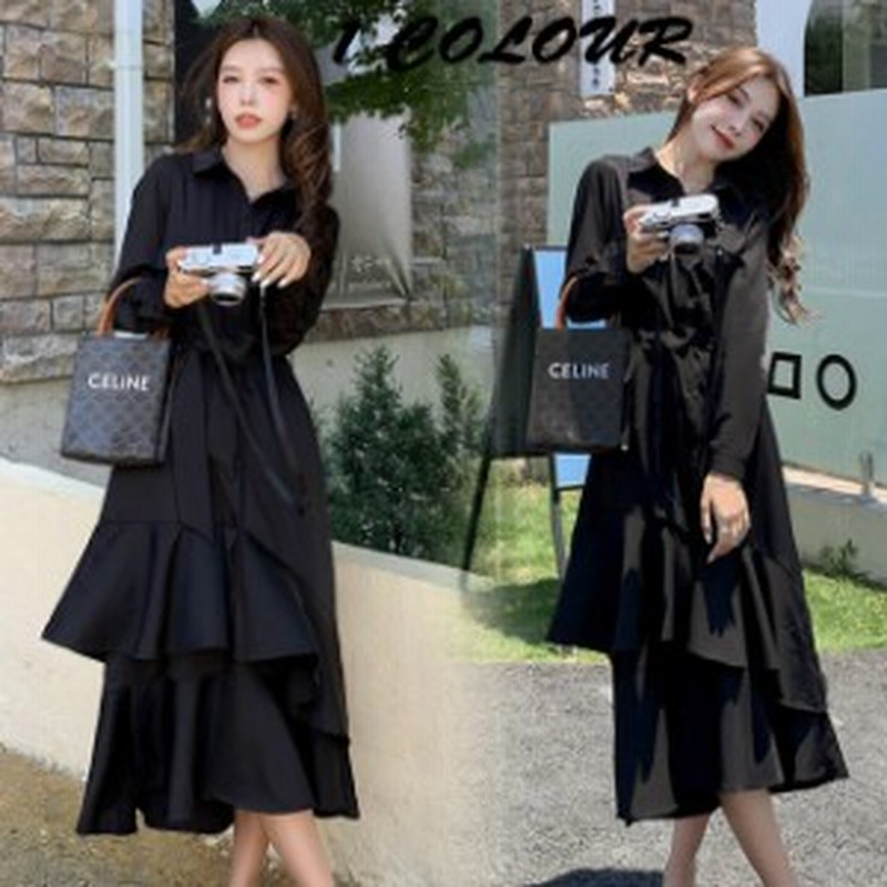 レディース ロング丈 ワンピース 黒 マキシワンピース おしゃれ フレア  