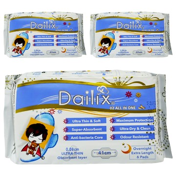 Dailix 立體漂浮吸血鬼超瞬吸抑菌淨味乾爽衛生棉 6片/包  夜用超長型 41cm  6片  3包