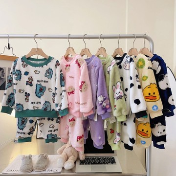 mori🎀mori兒童法蘭絨睡衣男女童珊瑚絨中大童寶寶卡通圓領家居服加絨加厚套