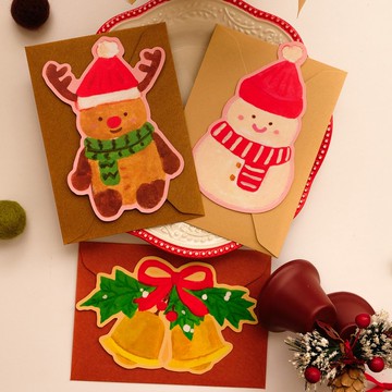 原創插畫耶誕聖誕小卡片異形祝福卡含信封節日聖誕樹花環姜餅人