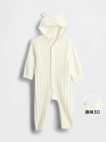 嬰兒裝 熊耳造型連帽長袖針織包屁衣/連身衣 CashSoft系列-象牙白