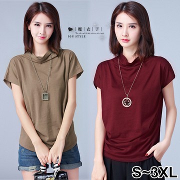 【QV2953】魔衣子-純色中高領抓褶皺短袖上衣