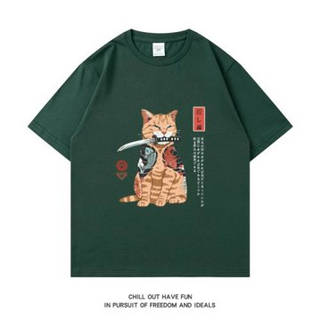 潮牌日系復古貓咪印花短袖t恤男夏季新款純棉寬松休閑情侶裝半袖