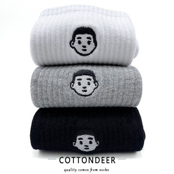 大唐襪業 D238男女黑白襪子中筒襪 ins潮流百搭純棉卡通人頭像襪子