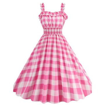 法式復古文藝一字領波點圓點芭比粉格紋無袖吊帶連衣裙表演舞蹈裙