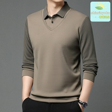 【商務休閒風】男士Polo衫 長袖T恤 條紋衫 假兩件 春秋季新款 高級感面料 抗皺修身 職場通勤必備