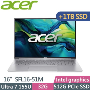 Acer Swift Lite SFL16-51M-74W7 銀(Ultra 7 155U/32G/512G+1TB/16吋WUXGA/W11)特仕