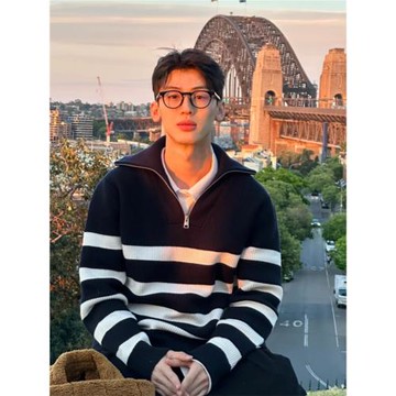 黑白撞色條紋毛衣男秋冬日系復古半拉鏈立領毛線衣高級感針織外套