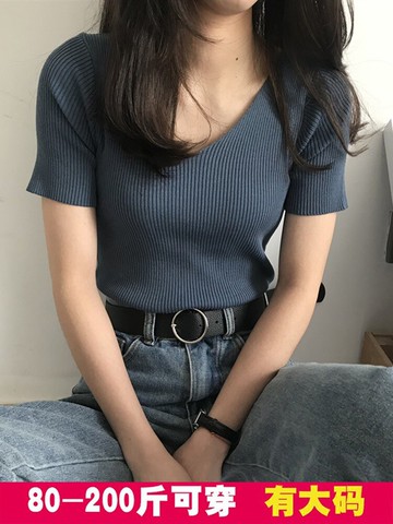 夏季大碼V領短袖t恤女上衣胖mm寬松薄款冰絲針織衫打底200斤ins潮