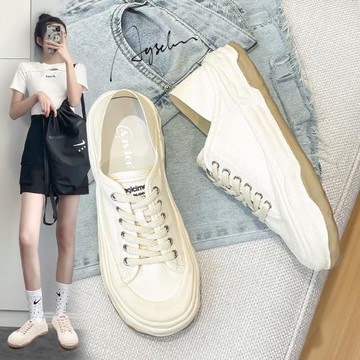 奧古獅登帆布鞋女2025新款厚底休閑一腳蹬半拖板鞋小眾超火小白鞋