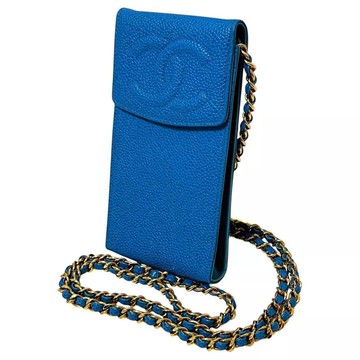 正品 CHANEL 香奈兒 鍊帶斜背包 小包 手機殼 荔枝皮革 藍色 二手